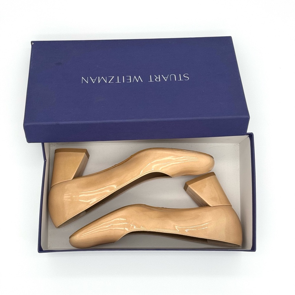 Stuart Weitzman Tan Block Heel Pumps, Patent Leather